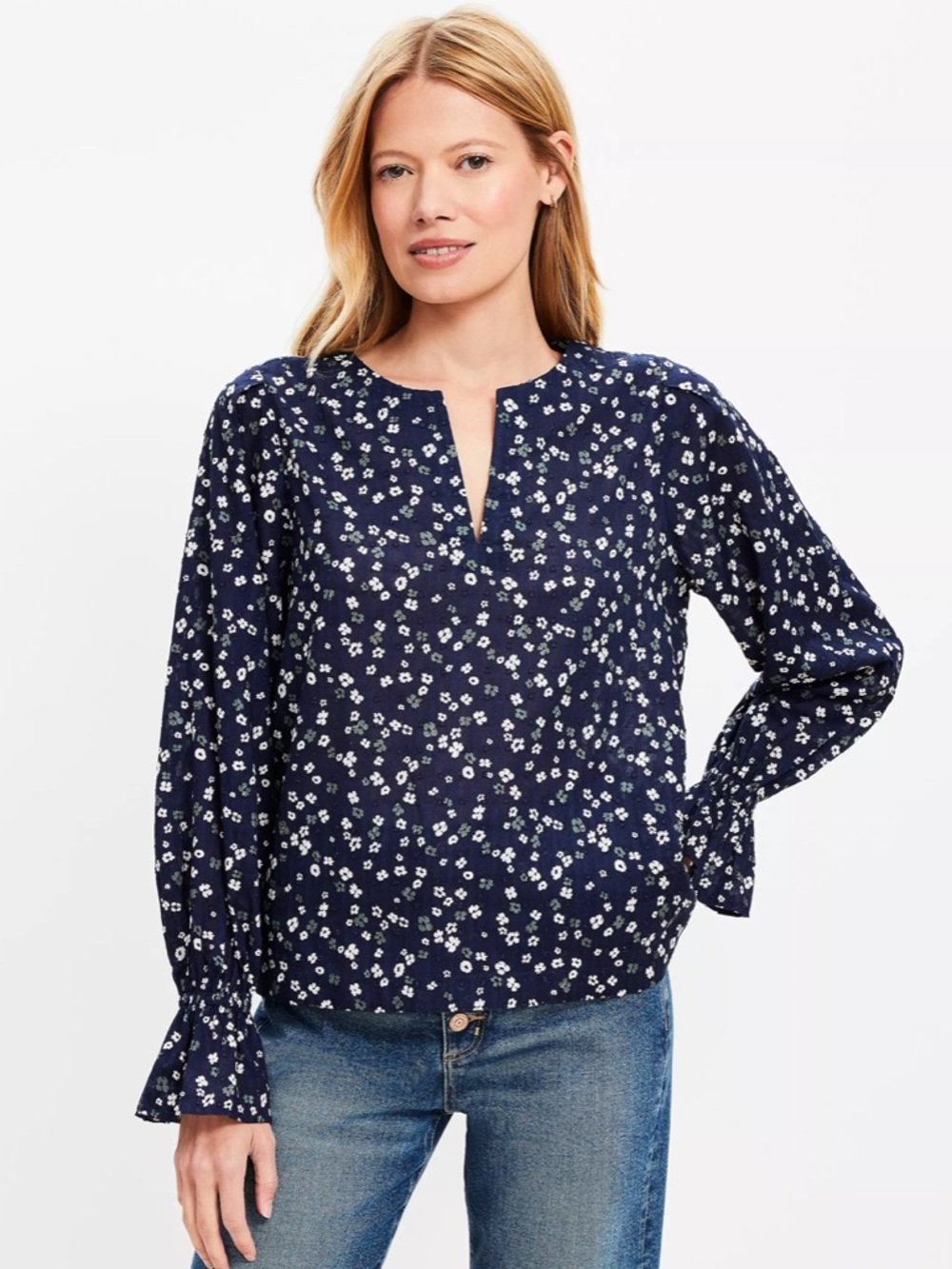 Loft Women's Navy Floral Split-Neck Blouse size XL